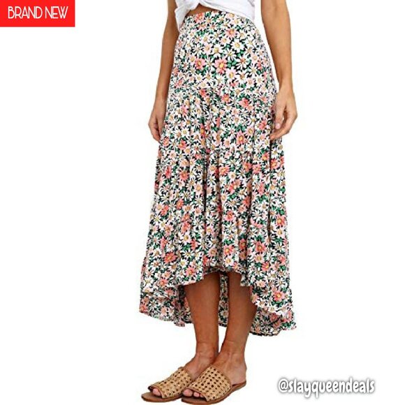Floral Print Midi Skirt High Waist Elastic A-Line Summer Boho Trendy - Picture 2 of 8